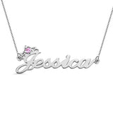 Custom Crown Name Silver Necklace with Birthstone