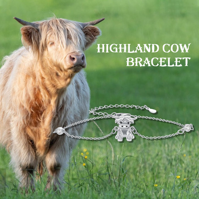 Highland Cow Bracelet 925 Sterling Silver Heart Animal Jewelry