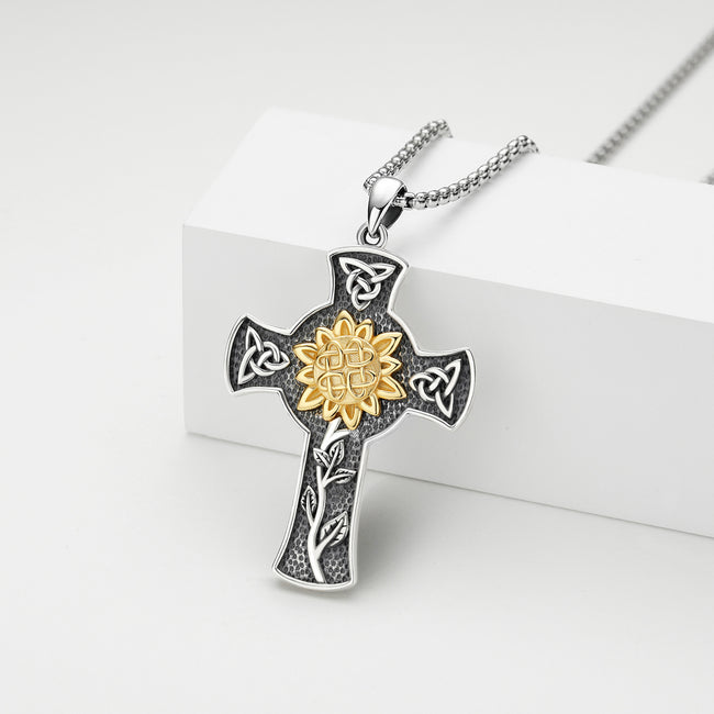 Sunflower Cross Necklace 925 Sterling Silver for Women Celtic Knot Pendant Necklaces Jewelry Gift With 55CM Stainless Steel Chain