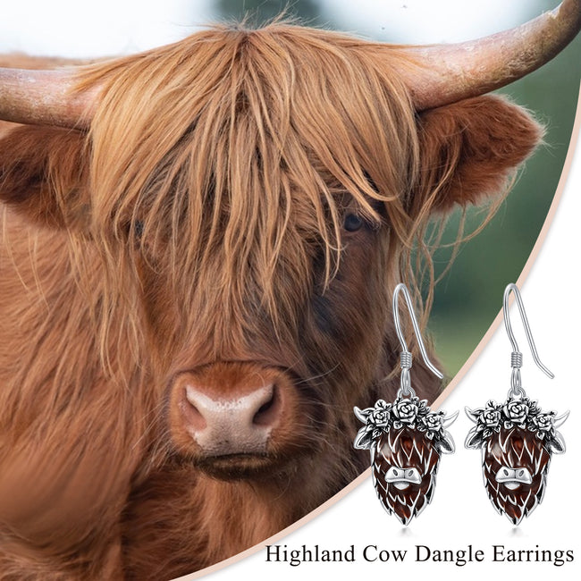 Pendientes de plata de ley 925 con diseño de vaca de las tierras altas para mujer