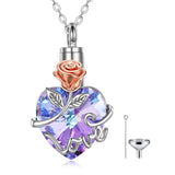 Sterling Silver Rose Love Heart Crystal Urn Necklace for Ashes Womens Rose Cremation Jewelry