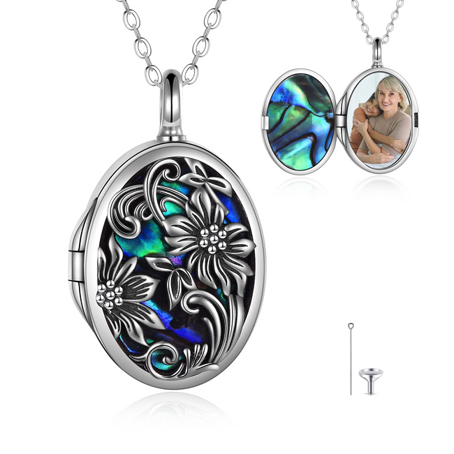 Sunflower Abalone Shell Urn Necklace for Ashes Sterling Silver Sunflower Photo Locket Cremation Jewelry