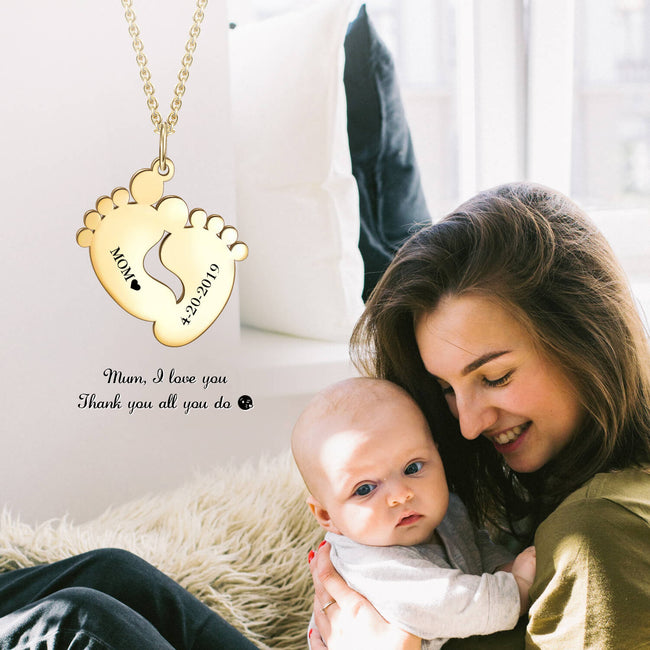 yafeini Custom Name Necklace Personalized Jewelry Copper 925 Sterling Silver Yellow White Rose Adjustable 16”-20” - Birthday Hang Tag Memories Necklace, Baby Feet