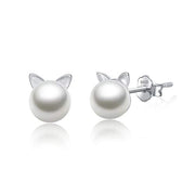 Cat Pearl Earrings Sterling Silver Cute Stud Earrings