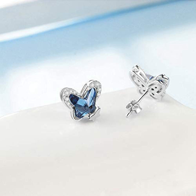 925 Sterling Silver Butterfly Stud Earrings with Blue Crystals from Crystal, Hypoallergenic Earrings
