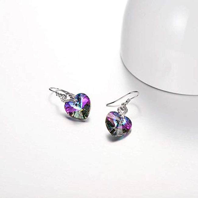 Sterling Silver Love Heart Dangle Drop Earrings with Purple Crystals