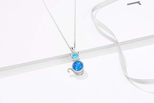 Cat Necklace 925 Sterling Silver with Blue Crystal Box Chain 18" for Women Girl