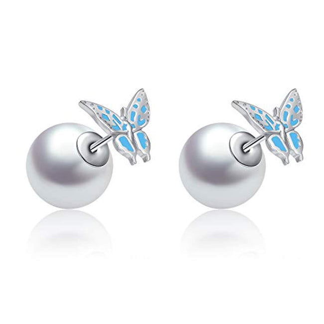 Butterfly Earrings Sterling Silver Pearl Double Sided Balls Stud Earrings