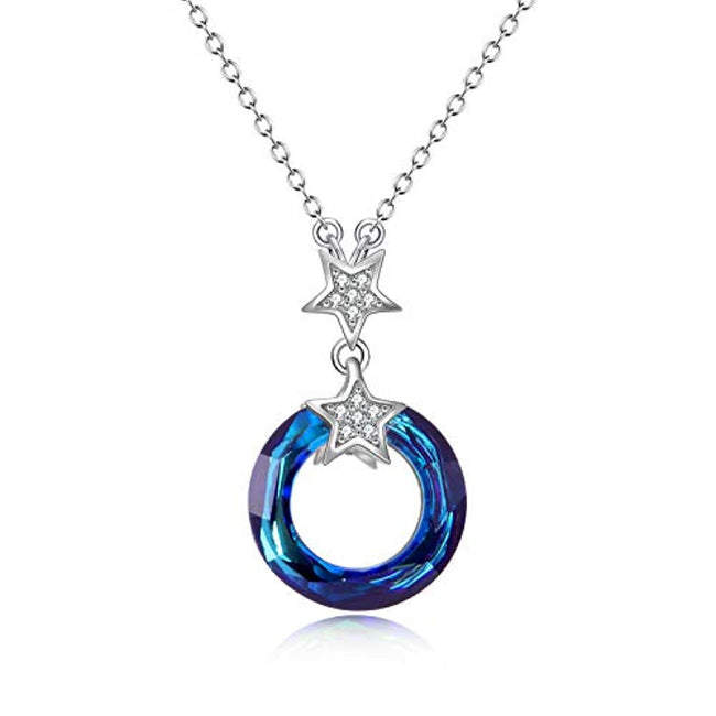 Blue Circle Crystal Necklace 925 Sterling Silver Chain, Multi Color Round Simple Pendants with Crystals Fine Jewelry Gift for Women Girls Teens