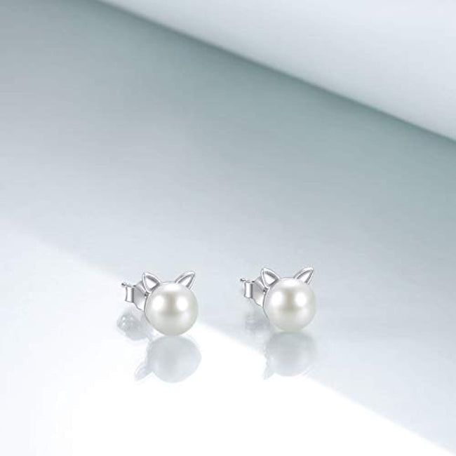 Cat Pearl Earrings Sterling Silver Cute Stud Earrings
