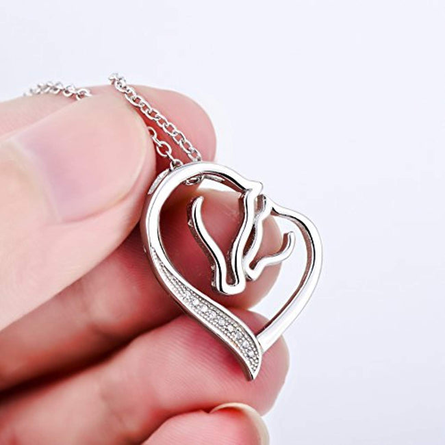 S925 Sterling Silver Mother and Child Horse Head Heart Shape Pendant Necklace 18"