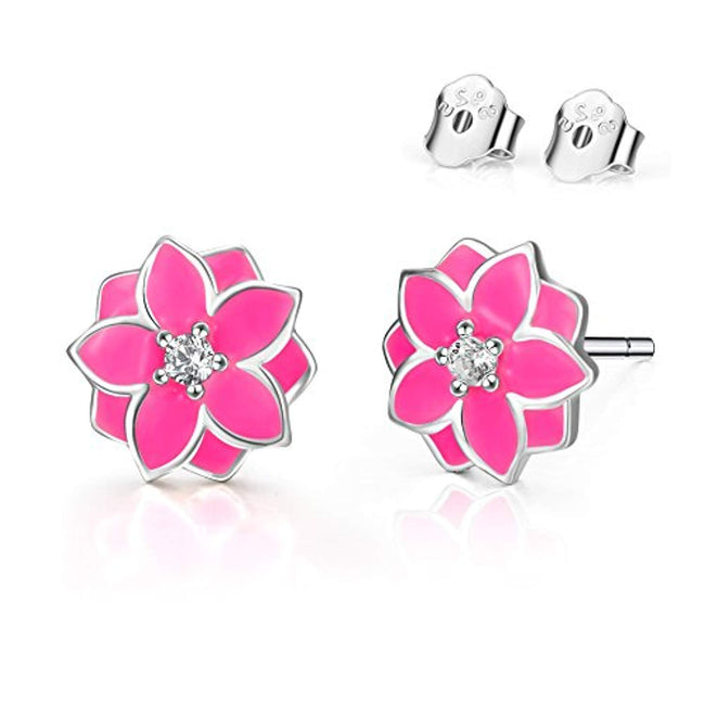 Stud Earrings for Girls Sterling Silver Enamel Pink Flower Earrings