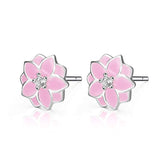 Stud Earrings for Girls Sterling Silver Enamel Pink Flower Earrings
