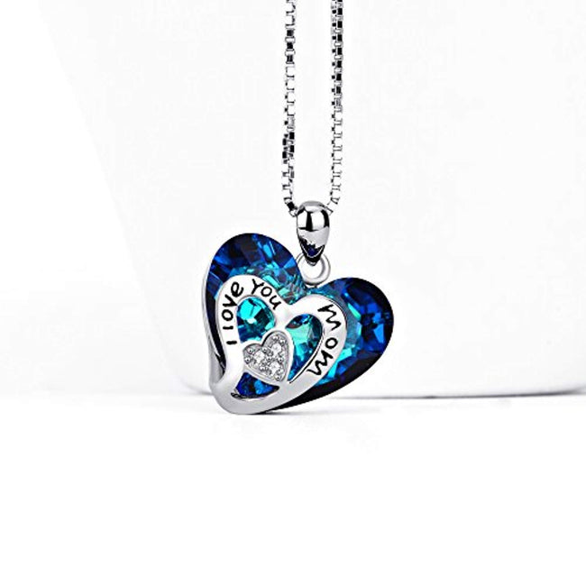I Love You Mom 925 Sterling Silver Heart Pendant Necklace with Blue Crystals from Crystal