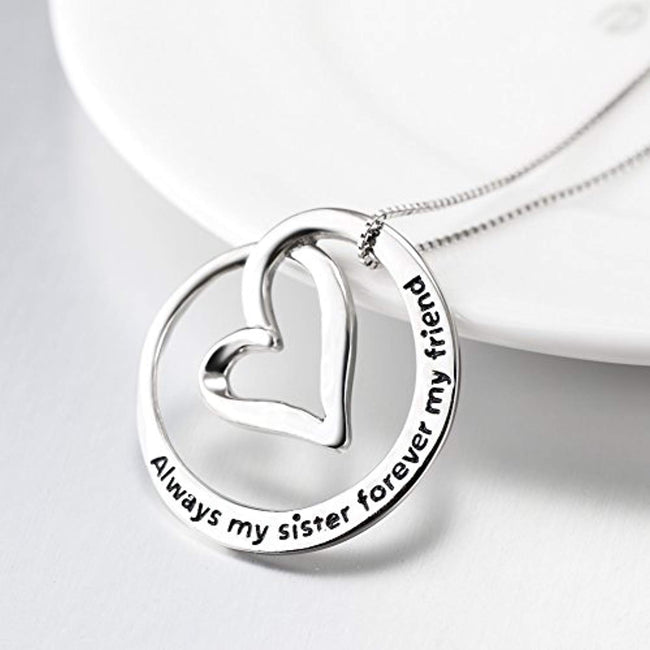 925 Sterling Silver Always My Sister Forever My Friend Love Heart Pendant Necklace18"