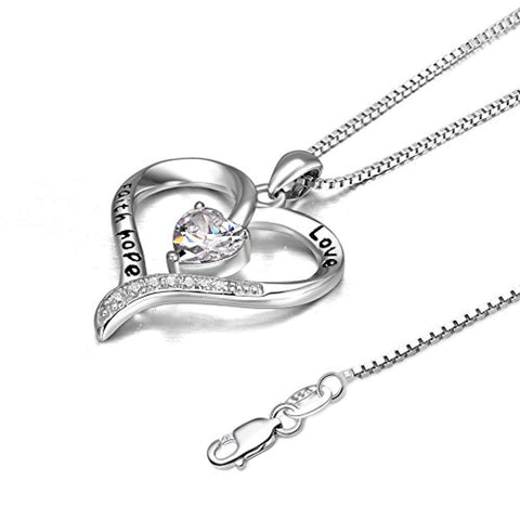 925 Sterling Silver Mother and Child Love & Faith Hope Love Heart Pendant Necklace