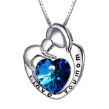 Mom Necklace 925 Sterling Silver Mother and Child Heart Pendant with Blue Crystals-Mothers Birthday Jewelry Gifts