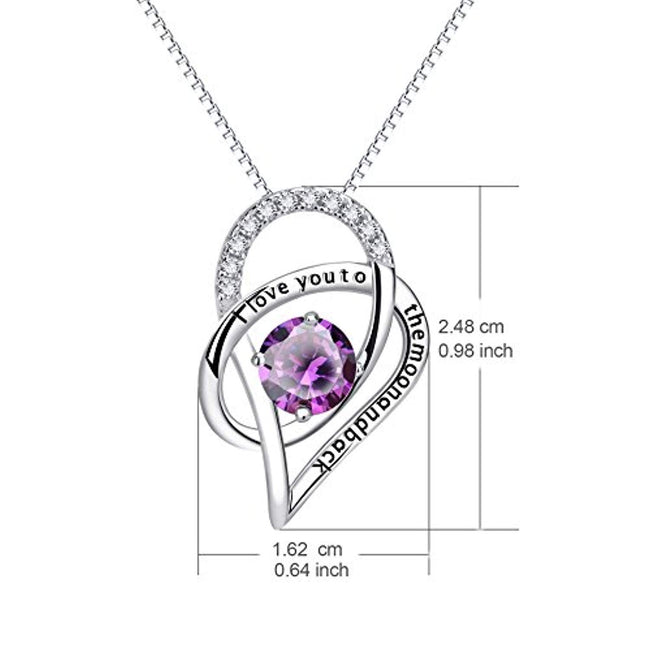 Sterling Silver I Love You to The Moon and Back Love Heart Pendant Necklace Valentine Day Jewelry 18" for Girlfriend Wife Women (Purple CZ Heart)