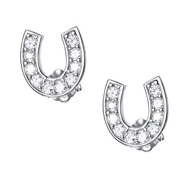Sterling Silver Horseshoe Stud Earrings with Cubic Zircon Horse Gift for Women Girls