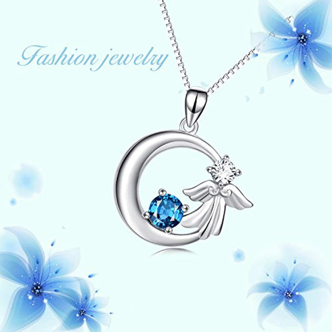 925 Sterling Silver Angel Wings Crescent with Blue Crystal Pendant 18" Necklace