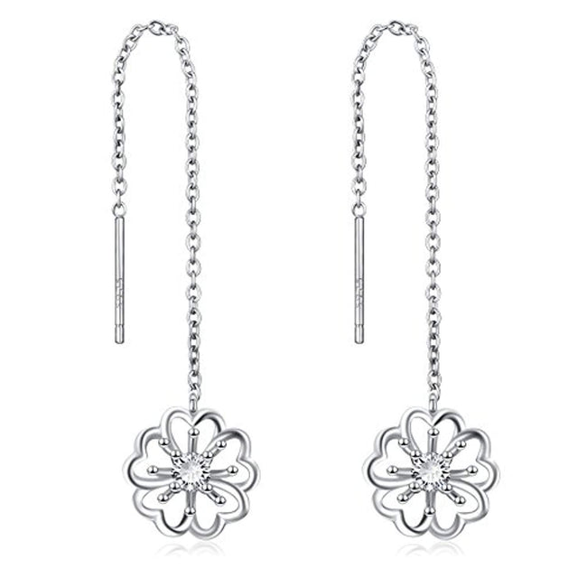 Threader Earrings Sterling Silver Leaf Heart Daisy Flower Teardrop Dangle Drop Pull Through Stud Earrings for Women Girls
