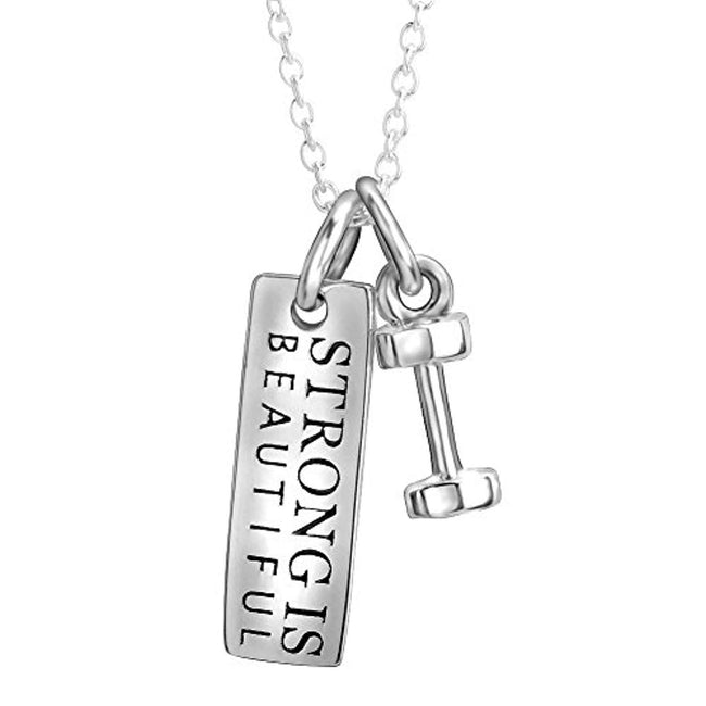 Sterling Silver Strong is Beautiful Engraved Dumbbell Barbell Gym Buff Pendant Necklace 18"