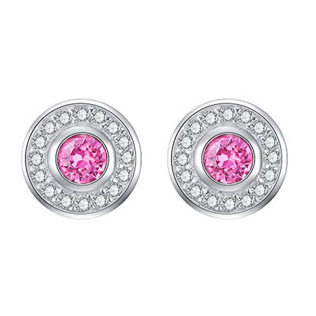 Round Cut Pink Halo Stud Earrings with Crystals,Hypoallergenic Earrings
