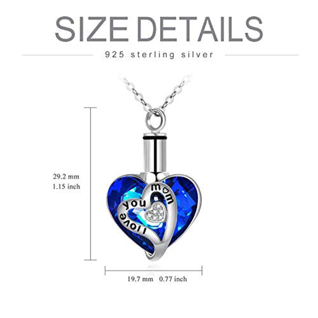 Sterling Silver Urn Necklaces for Ashes Engraved I Love You Pendant Cremation Necklace with Blue Heart Crystals Fine Memorial Jewelry