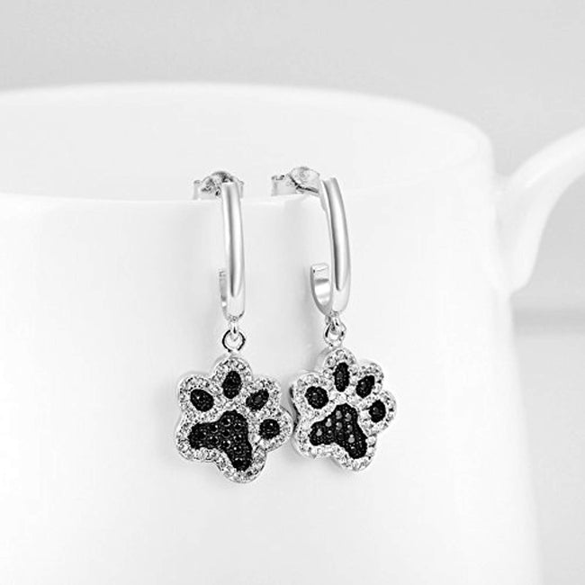 925 Sterling Silver Two-tone Pet Puppy Paw Drop &Dangle Earrings Paw earring Dog Stud Earrings