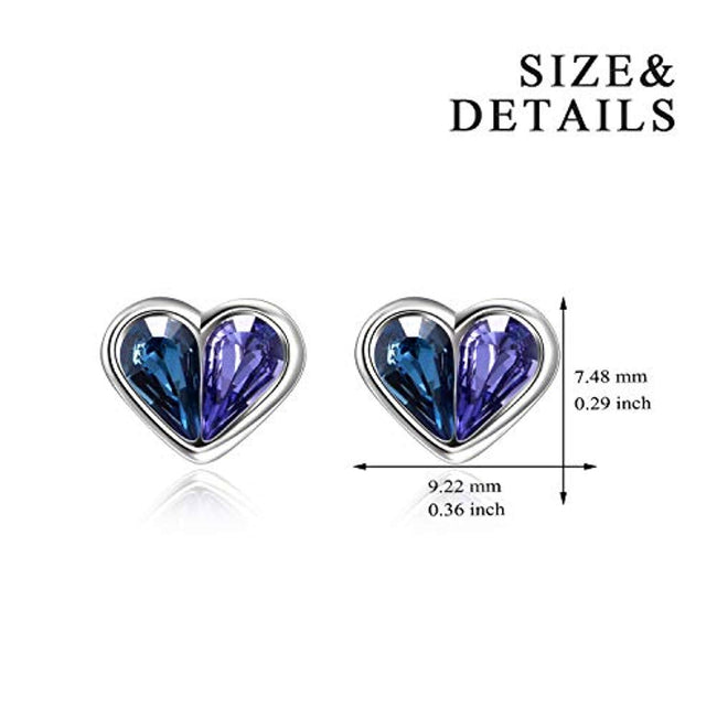 Heart Stud Earrings with Blue Purple Teardrop Crystals from Crystal,Hypoallergenic Small Earrings