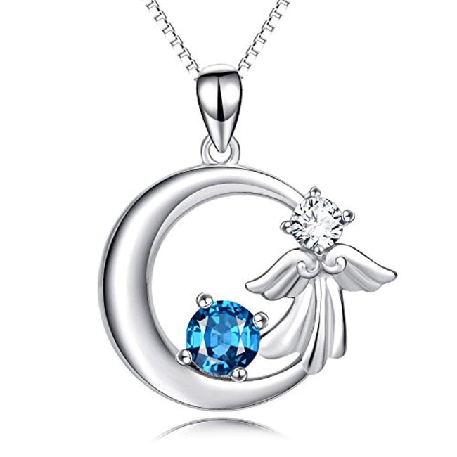 925 Sterling Silver Angel Wings Crescent with Blue Crystal Pendant 18" Necklace