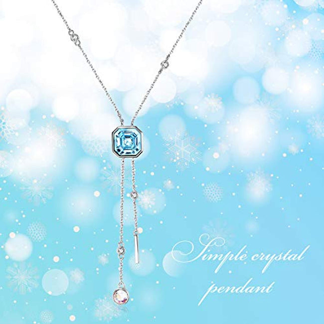 Square Crystal Necklace Birthstone Pendant Necklace with Blue Crystal,Fine Jewelry Gift for Women Girls