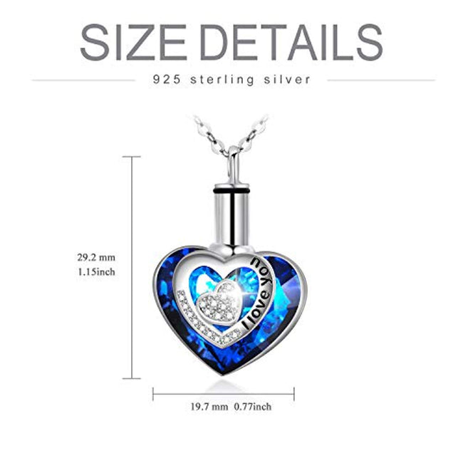 925 Sterling Silver Urn Necklaces for Ashes Engraved I Love You Pendant Cremation Necklace with Blue Heart Crystals
