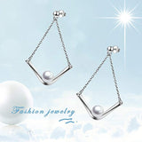 Pearl Earrings Sterling Silver Triangle V Shape Chevron Dangle Earrings