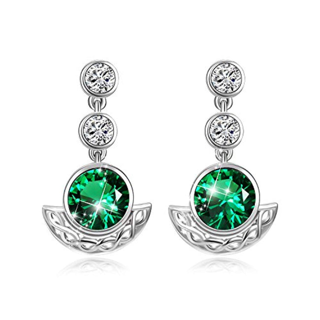 Sterling Silver Celtic Knot Drop Dangle Earrings With Simulated Emerald Green Crystal
