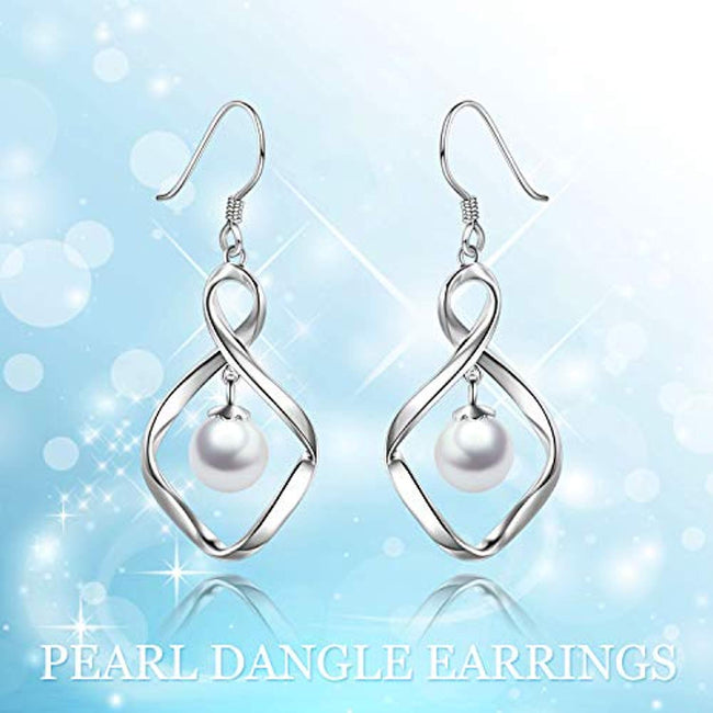 Pearl Dangle Earrings for Women Sterling Silver Twist Infinity Drop Earrings with Fishhook