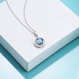 Halo Necklace White Gold Plated Birthstone Pendant Necklace with Simulated Aquamarine Crystal,Wedding Engagement Gift for Women