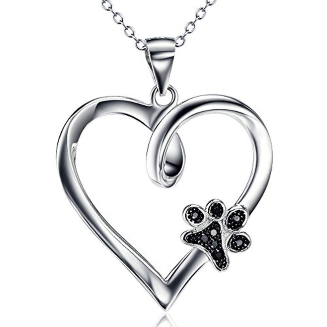 925 Sterling Silver Paw Print Heart Pendant 18" (Heart and Paw Print) Necklace