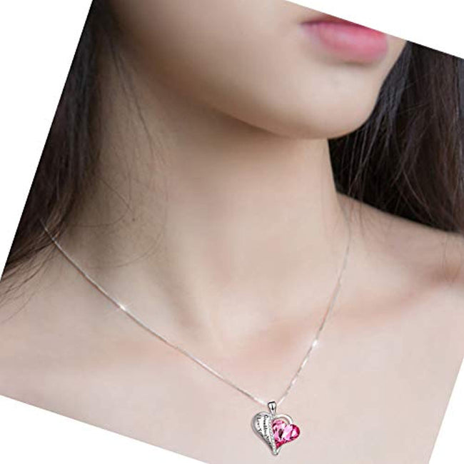 Granddaughter Grandmother Gifts - Granddaughter I Love You - Sterling Silver Heart Necklaces with Pink Crystals
