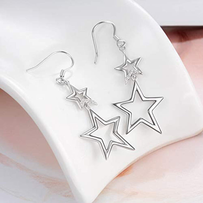 Sterling Silver Star Drop Dangle Earrings,Double Star Earrings