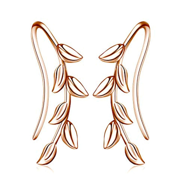 Sterling Silver Rose Gold Plated Leaf Ear Climber Crawler Earrings