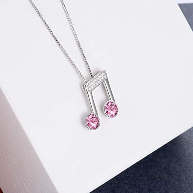 925 Sterling Silver Music Note Necklace Music Clef Ottava Pendant with Pink Crystals,Gift for Girls Women Musician