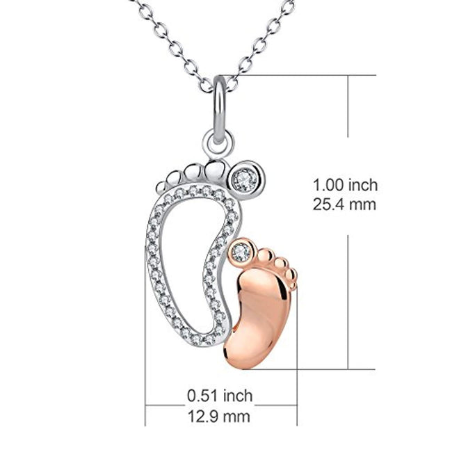 Mother Jewelry Gift 925 Solid Silver Two-Tone Mother and Child Etenal Love Feet Necklace 18"