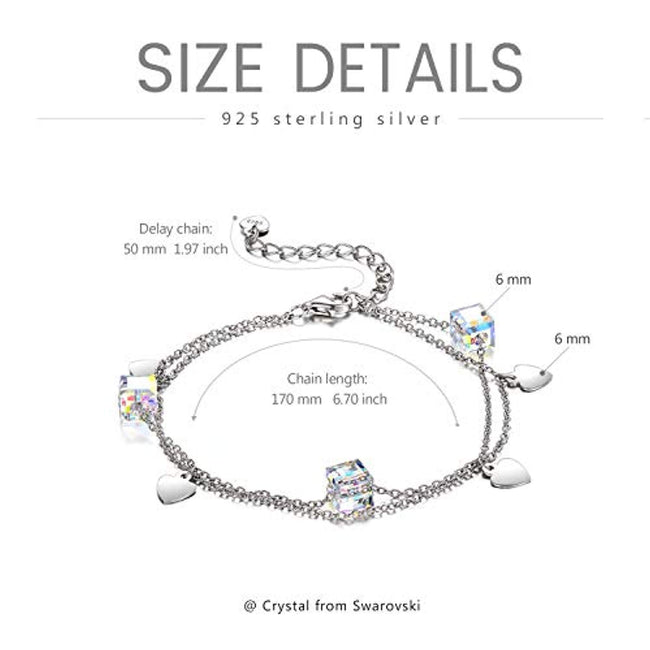Love Heart Crystal Charms Adjustable Link Bracelet, Hypoallergenic Double Chain Summer Bracelet, Aurore Boreale Crystals from Crystal, Anniversary Birthday Jewelry Gifts for Women