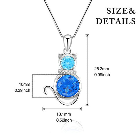 Cat Necklace 925 Sterling Silver with Blue Crystal Box Chain 18" for Women Girl