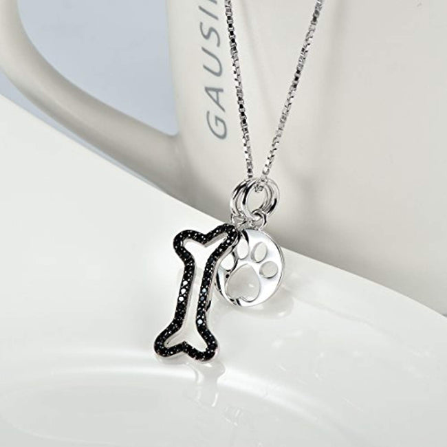 Women Silver Set Pendant Jewelry 925 Sterling Silver Two-tone Puppy Bone and Cat Paw Necklace,18"