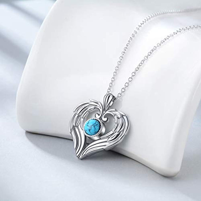 Sterling Silver Guardian Angel Wings Simulated Turquoise Pendant Necklace Jewelry for Women Girls Gifts