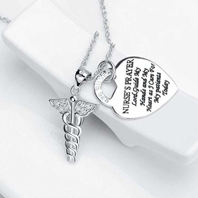 925 Sterling Silver Caduceus Angel Nursing Themed Pendant Necklace 18"