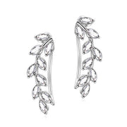 Hypoallergenic 925 Sterling Silver Ear Crawlers Cuff Earrings-Ear Climbers Earrings with Petal Leaf Crystals