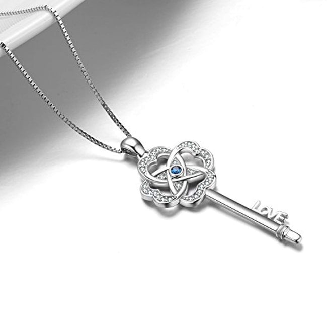 Key Pendant Necklace Lucky Clover Key-to-Love Jewelry with Crystals for Her Women